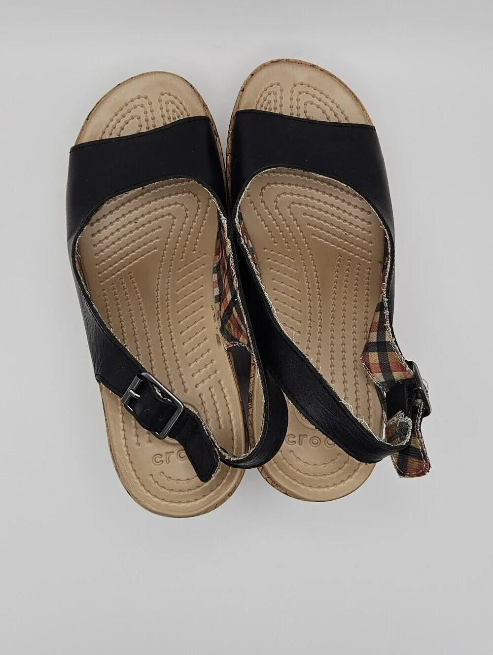 Crocs A-Leigh wedge sandals black leather cork size 8